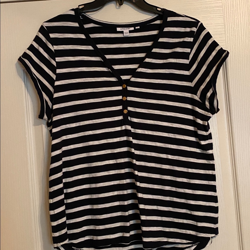 CHICO’S NAVY WHITE STRIPE TEE WITH GOLD BUTTONS